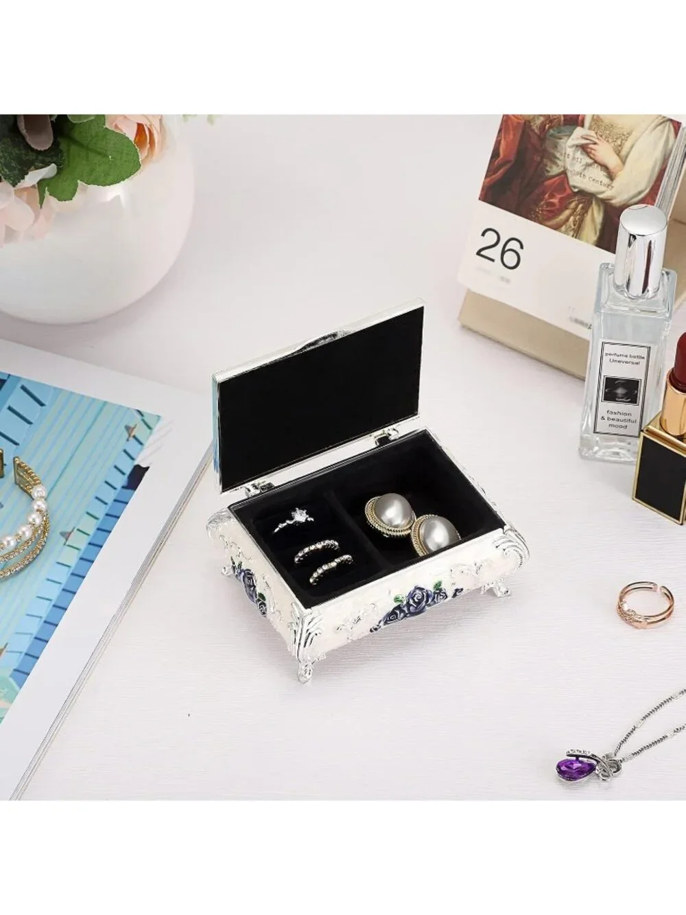 Vintage Small Metal White Trinket Case Engraved Jewelry Storage Box For Necklace